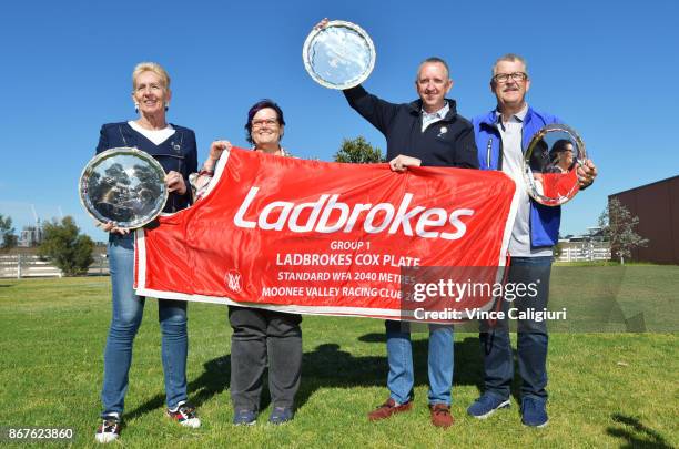 The owners of Champion mare Winx Patricia Tighe,Debbie Kepitis, Peter Tighe and Paul Kepitis pose with the three Cox plates and winning horse rug at...