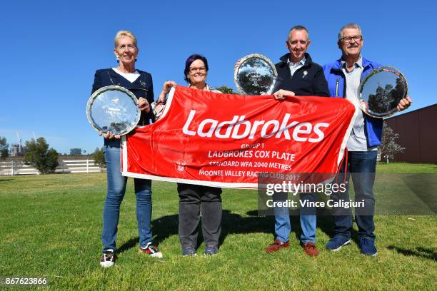 The owners of Champion mare Winx Patricia Tighe,Debbie Kepitis, Peter Tighe and Paul Kepitis pose with the three Cox plates and winning horse rug at...