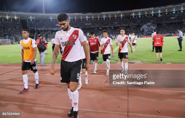 Players of River Plate look dejected after a match between Talleres and River Plate as part of Superliga 2017/18 at Mario Alberto Kempes Stadium on...