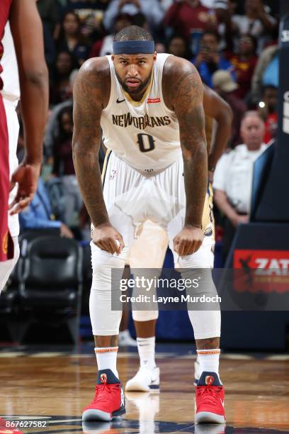 DeMarcus Cousins of the New Orleans Pelicans looks on during the game against the Cleveland Cavaliers on October 28, 2017 at the Smoothie King Center...