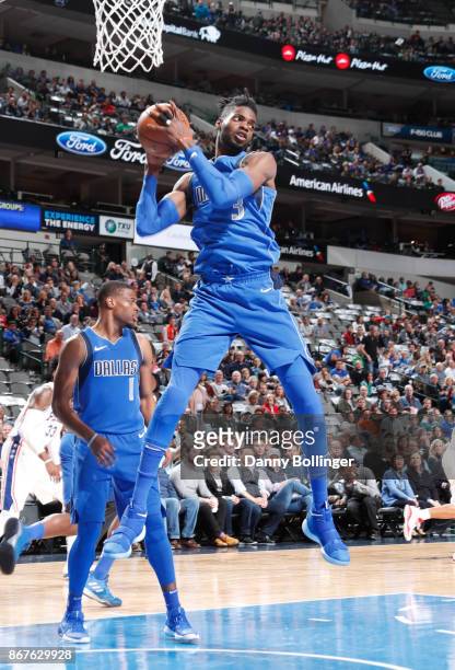 Nerlens Noel of the Dallas Mavericks handles the ball against the Philadelphia 76ers on October 28, 2017 at the American Airlines Center in Dallas,...