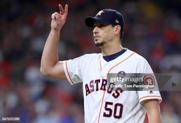 Charlie Morton of the Houston Astros reacts as he exits the game during the seventh inning against the Los Angeles Dodgers in game four of the 2017...