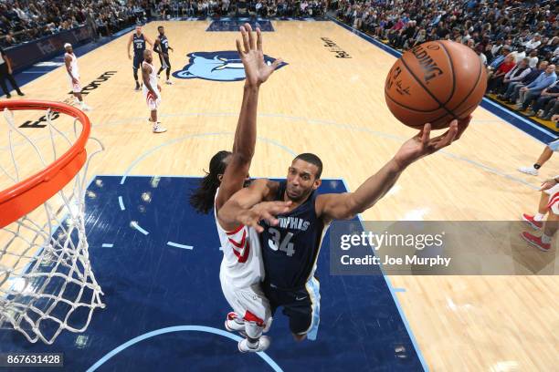 Brandan Wright of the Memphis Grizzlies shoots the ball against the Houston Rockets on October 28, 2017 at FedExForum in Memphis, Tennessee. NOTE TO...