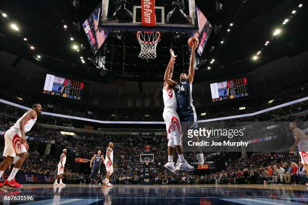 Brandan Wright of the Memphis Grizzlies shoots the ball against the Houston Rockets on October 28, 2017 at FedExForum in Memphis, Tennessee. NOTE TO...