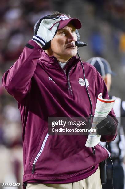 Mississippi State Bulldogs head coach Dan Mullen looks on from the sideline during the football game between the Mississippi State Bulldogs and the...