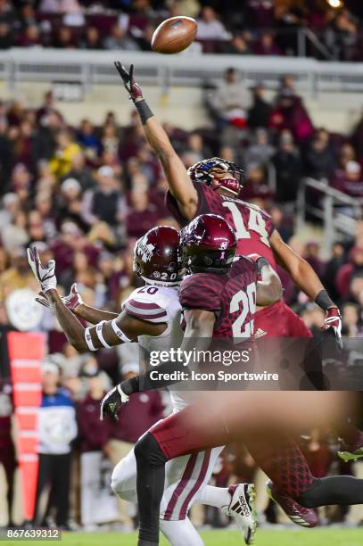 Texas A&M Aggies defensive back Keldrick Carper extends to knock down a second half deep ball intended for Mississippi State Bulldogs wide receiver...