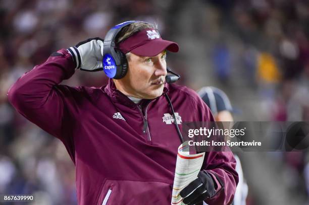 Mississippi State Bulldogs head coach Dan Mullen looks on from the sideline during the football game between the Mississippi State Bulldogs and the...