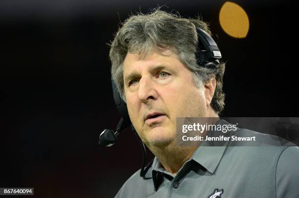 Mike Leach head coach of the Washington State Cougars looks on during the game against the Arizona Wildcats at Arizona Stadium on October 28, 2017 in...
