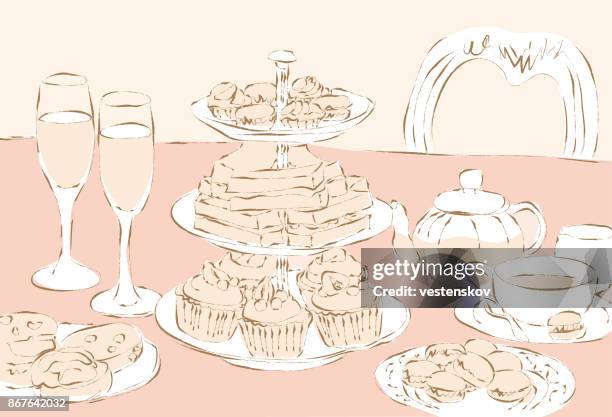 elegante nachmittagstee - afternoon tea stock-grafiken, -clipart, -cartoons und -symbole