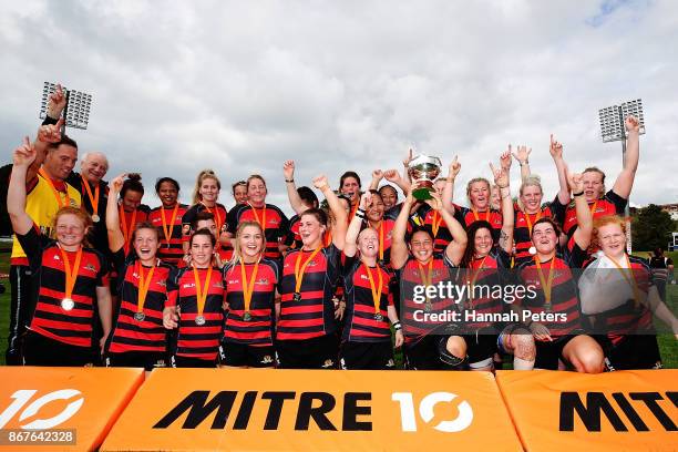 Canterbury celebrate after winning the Farah Palmer Cup Premiership Final match between Counties Manukau and Canterbury on October 29, 2017 in...