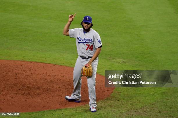 Kenley Jansen of the Los Angeles Dodgers reacts during the ninth inning against the Houston Astros in game four of the 2017 World Series at Minute...