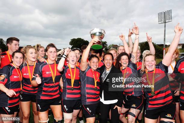 Canterbury celebrate with Dr Farah Palmer after winning the Farah Palmer Cup Premiership Final match between Counties Manukau and Canterbury on...