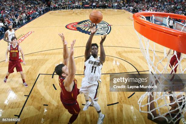 Jrue Holiday of the New Orleans Pelicans shoots the ball against the Cleveland Cavaliers on October 28, 2017 at the Smoothie King Center in New...