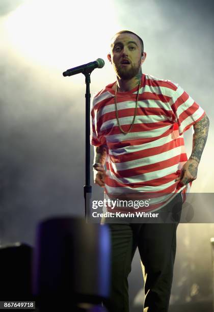 Mac Miller performs on Camp Stage during day 1 of Camp Flog Gnaw Carnival 2017 at Exposition Park on October 28, 2017 in Los Angeles, California.