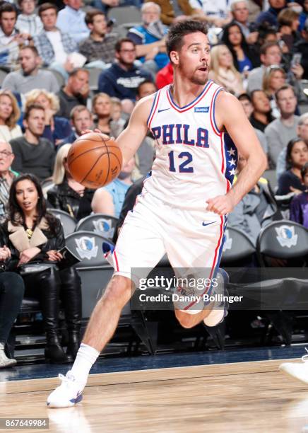 McConnell of the Philadelphia 76ers handles the ball against the Dallas Mavericks on October 28, 2017 at the American Airlines Center in Dallas,...