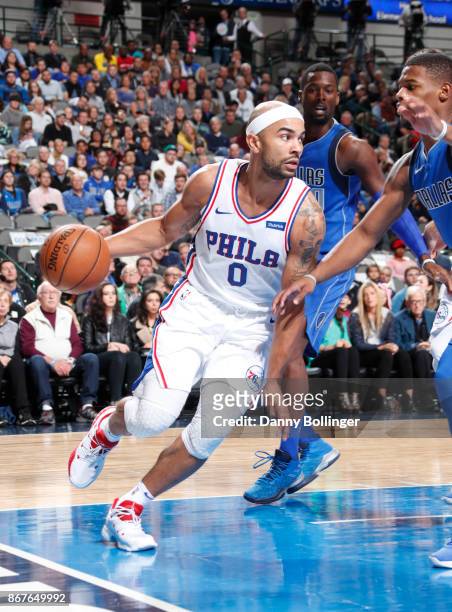 Jerryd Bayless of the Philadelphia 76ers handles the ball against the Dallas Mavericks on October 28, 2017 at the American Airlines Center in Dallas,...