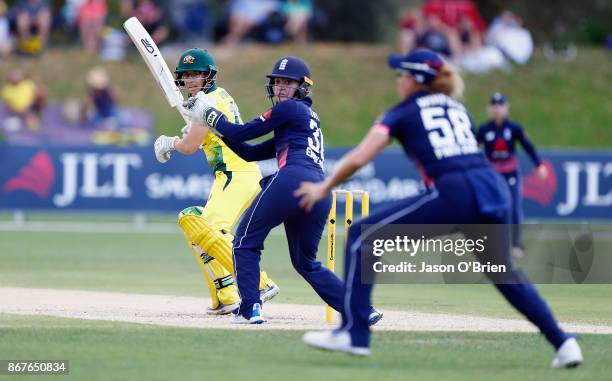 Australia's Nicole Bolton plays a shot during the Women's International One Day match between Australia and England on October 29, 2017 in Coffs...