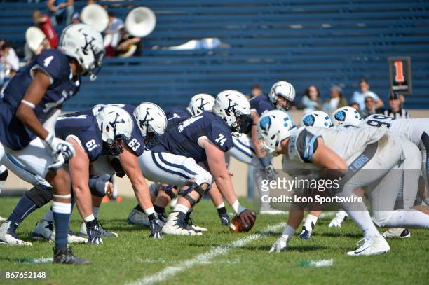Yale Bulldogs offensive lineman Sterling Strother leads the offense prior to the snap during the game between the Yale Bulldogs and the Columbia...