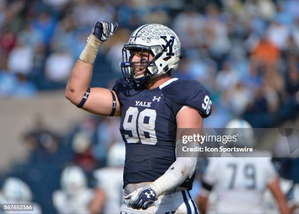 Yale Bulldogs defensive end Kyle Mullen gestures to the croud during the game between the Yale Bulldogs and the Columbia Lions on October 28, 2017 at...