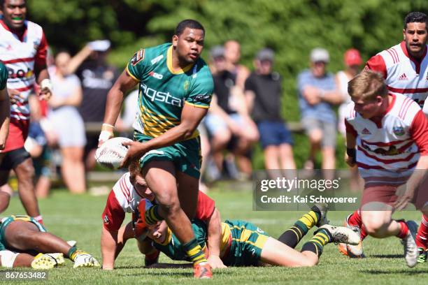 Seta Koroitamana of Mid Canterbury charges forward during the Mitre 10 Heartland Championship Lochore Cup Final match between Mid Canterbury and West...
