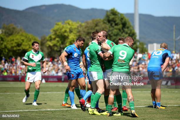 George King of Ireland celebrates a try during the 2017 Rugby League World Cup match between Ireland and Italy at Barlow Park on October 29, 2017 in...