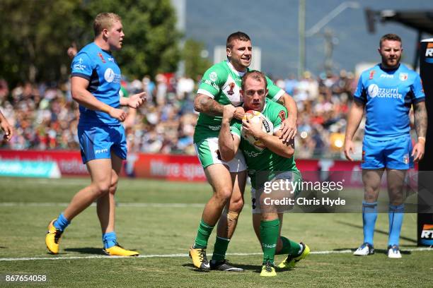 George King of Ireland celebrates a try during the 2017 Rugby League World Cup match between Ireland and Italy at Barlow Park on October 29, 2017 in...