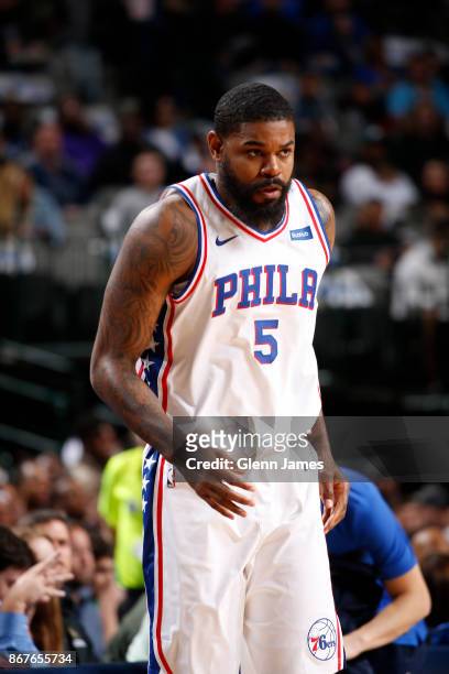 Amir Johnson of the Philadelphia 76ers looks on during the game against the Dallas Mavericks on October 28, 2017 at the American Airlines Center in...