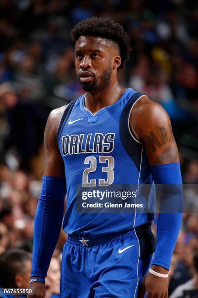 Wesley Matthews of the Dallas Mavericks looks on during the game against the Philadelphia 76ers on October 28, 2017 at the American Airlines Center...