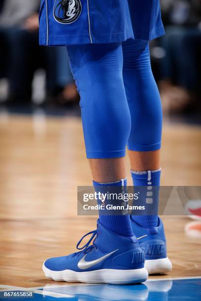 The sneakers of J.J. Barea of the Dallas Mavericks are seen during the game against the Philadelphia 76ers on October 28, 2017 at the American...