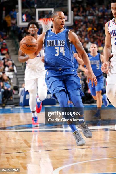 Devin Harris of the Dallas Mavericks handles the ball against the Philadelphia 76ers on October 28, 2017 at the American Airlines Center in Dallas,...