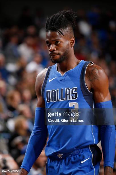 Nerlens Noel of the Dallas Mavericks looks on during the game against the Philadelphia 76ers on October 28, 2017 at the American Airlines Center in...