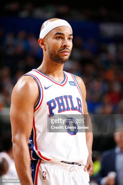 Jerryd Bayless of the Philadelphia 76ers looks on during the game against the Dallas Mavericks on October 28, 2017 at the American Airlines Center in...