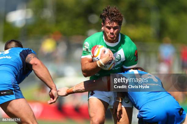 Joe Philbin of Ireland runs the ball during the 2017 Rugby League World Cup match between Ireland and Italy at Barlow Park on October 29, 2017 in...