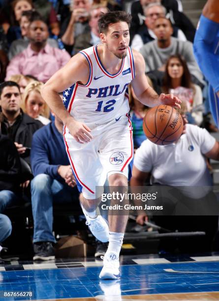 McConnell of the Philadelphia 76ers handles the ball against the Dallas Mavericks on October 28, 2017 at the American Airlines Center in Dallas,...