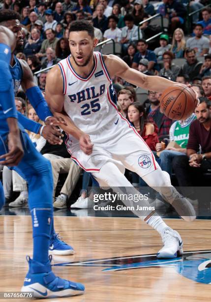 Ben Simmons of the Philadelphia 76ers handles the ball against the Dallas Mavericks on October 28, 2017 at the American Airlines Center in Dallas,...