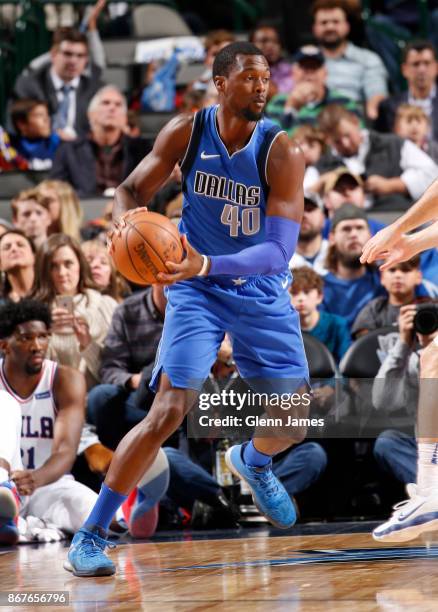 Harrison Barnes of the Dallas Mavericks handles the ball against the Philadelphia 76ers on October 28, 2017 at the American Airlines Center in...