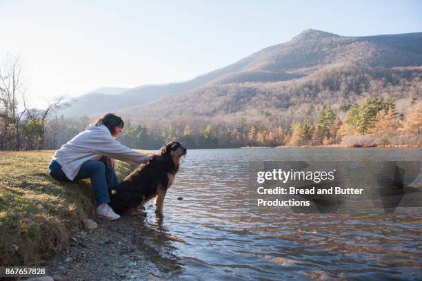 adult woman sitting with her dog at edge of pond with mountains in the distance - manchester vermont fotografías e imágenes de stock