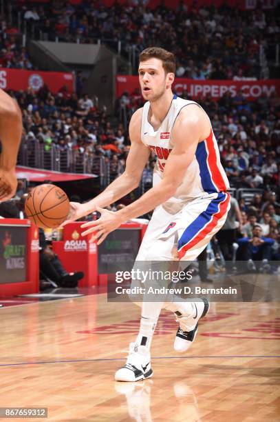 Jon Leuer of the Detroit Pistons handles the ball against the LA Clippers on October 28, 2017 at STAPLES Center in Los Angeles, California. NOTE TO...