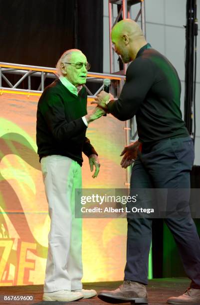 Comic Book Icon Stan Lee and actor Dwayne 'The Rock' Johnson on day 2 of Stan Lee's Los Angeles Comic Con 2017 held at Los Angeles Convention Center...