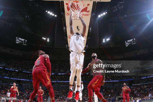 DeMarcus Cousins of the New Orleans Pelicans shoots the ball against the Cleveland Cavaliers on October 28, 2017 at the Smoothie King Center in New...