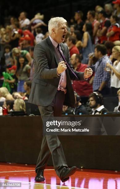 Kings coach Andrew Gaze celebrates victory in the round four NBL match between the Illawarra Hawks and the Sydney Kings at Wollongong Entertainment...