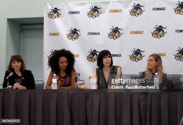 Terri Lubaroff, Aliza Pearl, Edi Patterson, and Mageina Tovah speak at the "Geek Girl Authority Presents: Women Doing Cool Sh*t - Female Movers and...