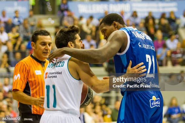 Deon Thompson and Facundo Campazzo during Real Madrid victory over San Pablo Burgos in Liga Endesa regular season game celebrated in Burgos at...