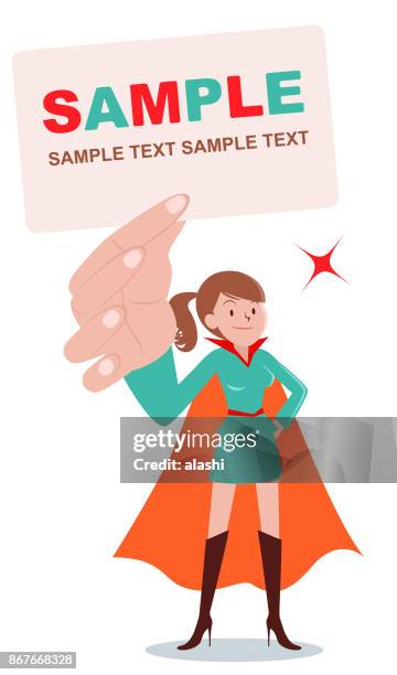 superhero young brown women standing and holding blank white card with hand on hip - pretty brunette woman cartoon stock illustrations