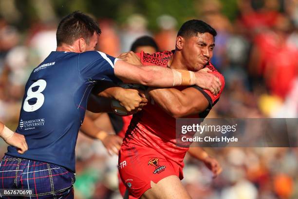 Jason Taumalolo of Tonga runs the ball during the 2017 Rugby League World Cup match between Scotland and Tonga at Barlow Park on October 29, 2017 in...