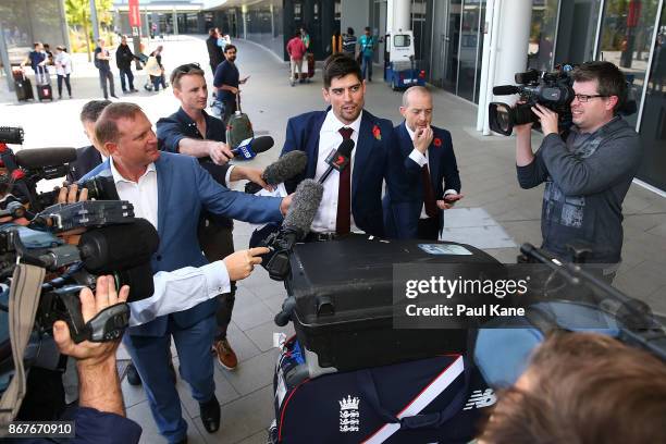 Alistair Cook of England arrives at Perth Airport with the England Test squad on October 29, 2017 in Perth, Australia, ahead of the 2018/18 Ashes...