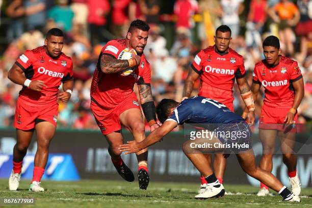 Andrew Fifita of Tonga makes a break during the 2017 Rugby League World Cup match between Scotland and Tonga at Barlow Park on October 29, 2017 in...