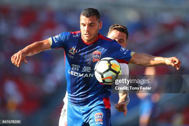 Andrew Nabbout of the Jets controls the ball during the round four A-League match between the Newcastle Jets and the Western Sydney Wanderers at...