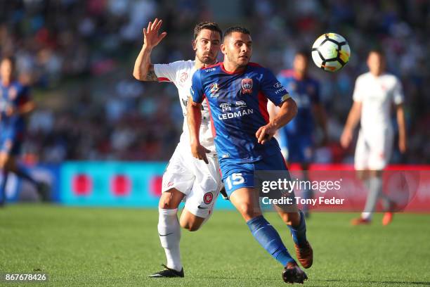 Andrew Nabbout of the Jets controls the ball during the round four A-League match between the Newcastle Jets and the Western Sydney Wanderers at...