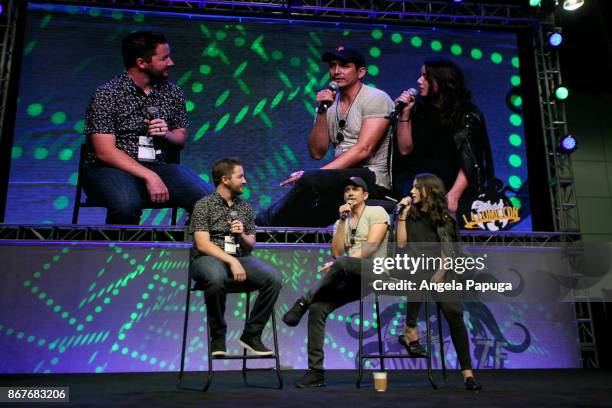 Moderator Sean Gerber and actors Gabriel Luna and Chloe Bennet speak onstage at Los Angeles Convention Center on October 28, 2017 in Los Angeles,...